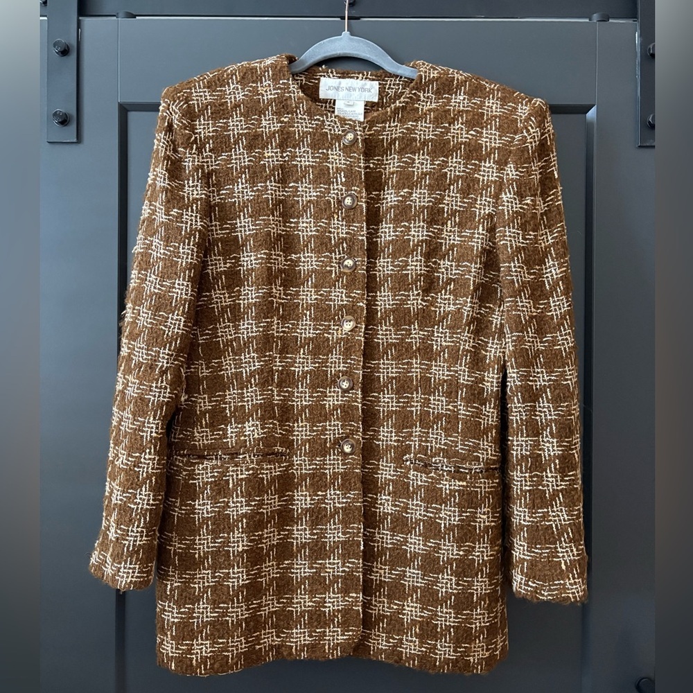 Vintage Jones New York Wool Blend Boucle Jacket in Chestnut Plaid